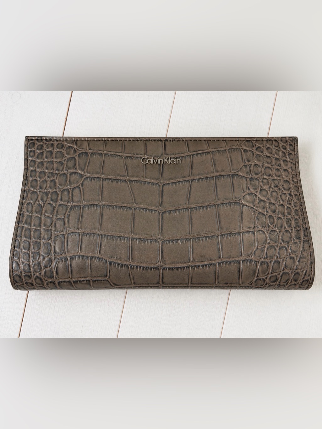 Calvin Klein Croc Embossed Clutch Bag Brown Gray Portfolio Handbag